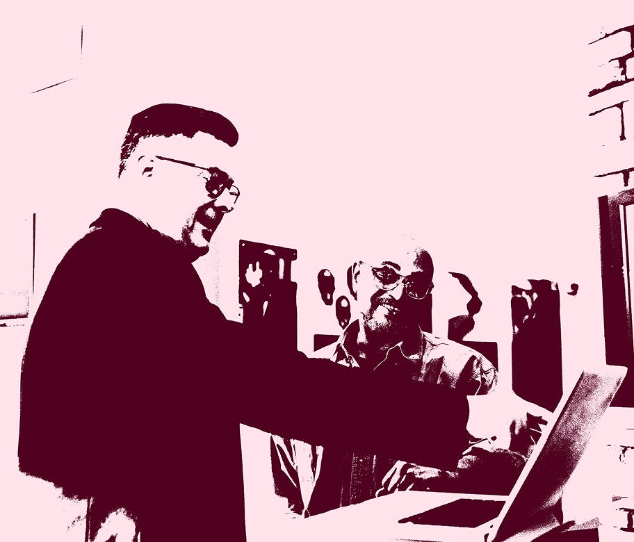 Dithered two men smiling a computer in an office